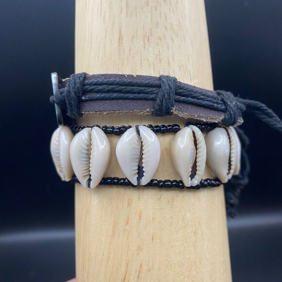 Shell Necklace 2 Bracelet Lot Cowrie Love Leather Two Tone Boho Festival Beach - Picture 7 of 8